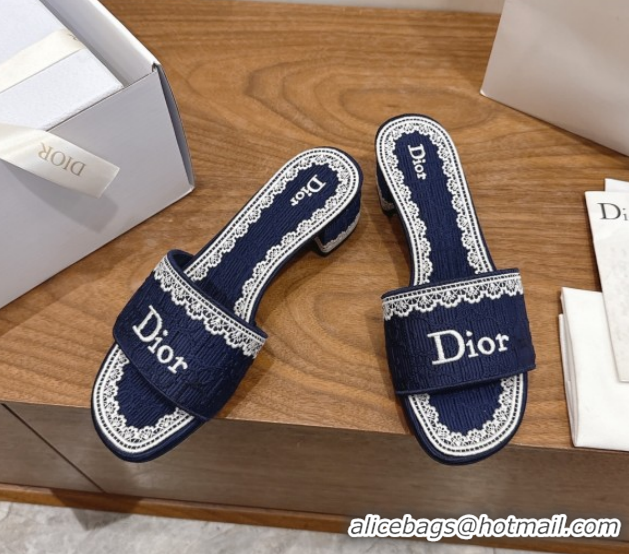 Stylish Dior Dentelle Heeled Slide Sandals in Blue Dior Oblique Embroidered Cotton and White Lace 6012219 2026