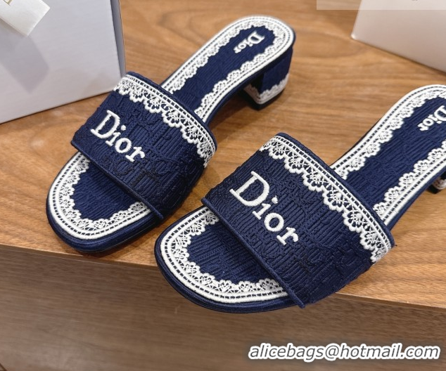 Stylish Dior Dentelle Heeled Slide Sandals in Blue Dior Oblique Embroidered Cotton and White Lace 6012219 2026