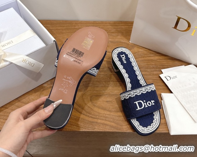 Stylish Dior Dentelle Heeled Slide Sandals in Blue Dior Oblique Embroidered Cotton and White Lace 6012219 2026
