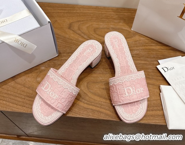Classic Hot Dior Dentelle Heeled Slide Sandals in Pink Dior Oblique Embroidered Cotton and White Lace 6012221 2026