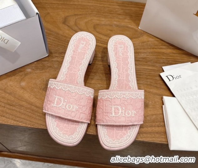 Classic Hot Dior Dentelle Heeled Slide Sandals in Pink Dior Oblique Embroidered Cotton and White Lace 6012221 2026