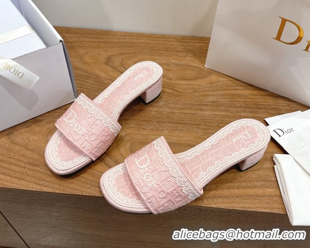 Classic Hot Dior Dentelle Heeled Slide Sandals in Pink Dior Oblique Embroidered Cotton and White Lace 6012221 2026