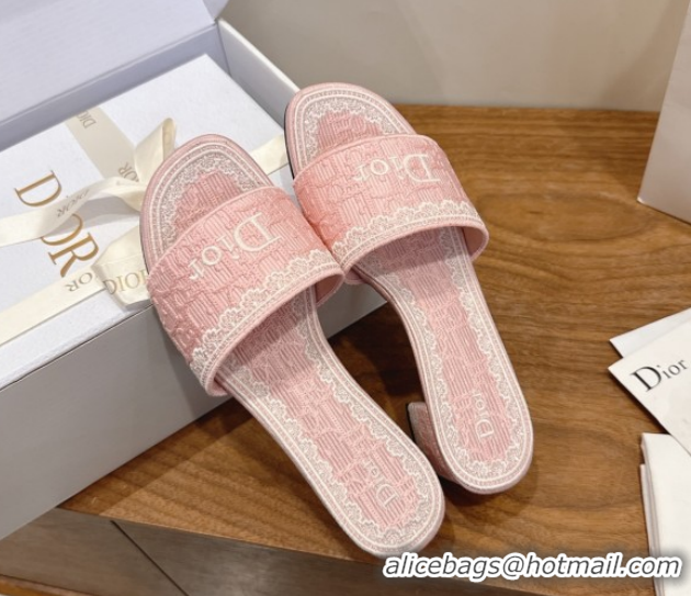 Classic Hot Dior Dentelle Heeled Slide Sandals in Pink Dior Oblique Embroidered Cotton and White Lace 6012221 2026