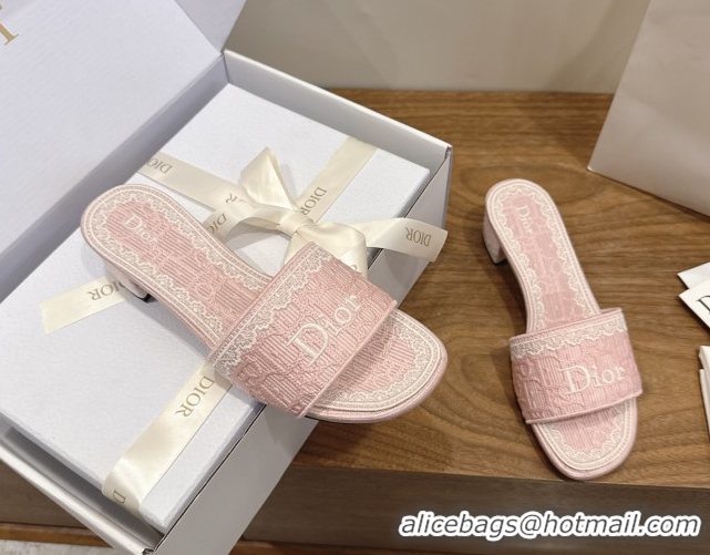 Classic Hot Dior Dentelle Heeled Slide Sandals in Pink Dior Oblique Embroidered Cotton and White Lace 6012221 2026