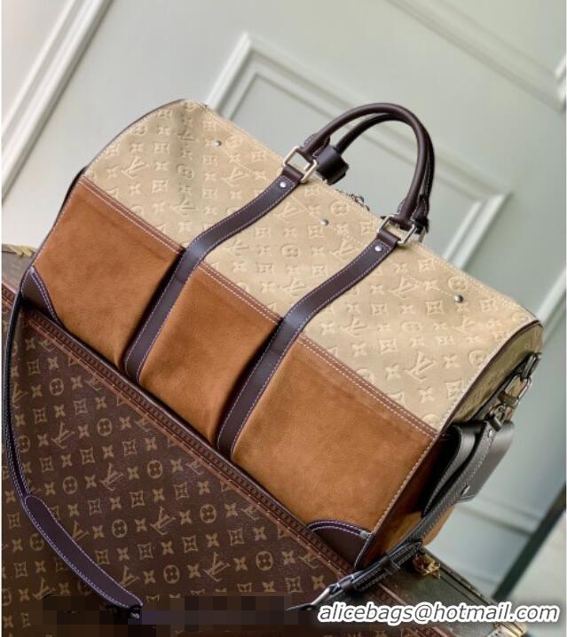 Top Grade Louis Vuitton Men's Keepall Bandoulière 50 Bag in Suede M26127 Beige/Brown 2026