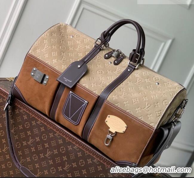 Top Grade Louis Vuitton Men's Keepall Bandoulière 50 Bag in Suede M26127 Beige/Brown 2026