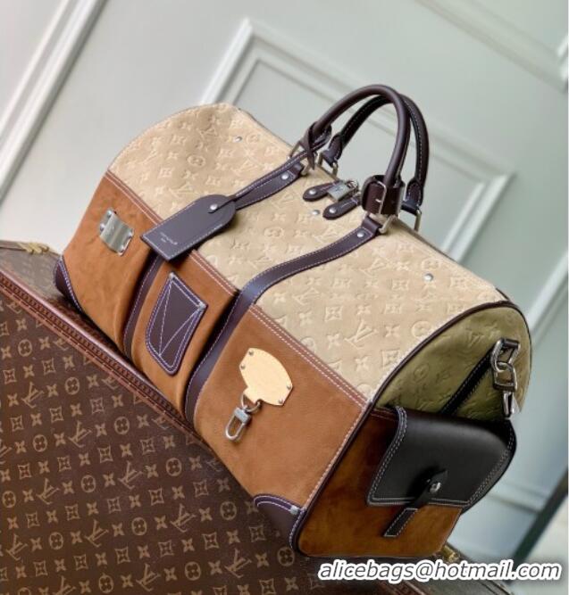 Top Grade Louis Vuitton Men's Keepall Bandoulière 50 Bag in Suede M26127 Beige/Brown 2026
