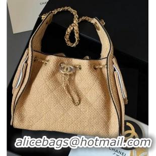 Top Grade Chanel 25 Mini Handbag Braided Raffia With Calfskin AS5631 Beige/Black In Gold Hardware