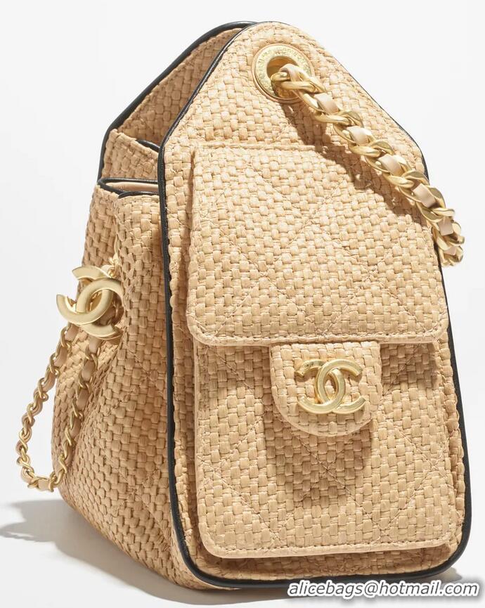 Top Grade Chanel 25 Mini Handbag Braided Raffia With Calfskin AS5631 Beige/Black In Gold Hardware