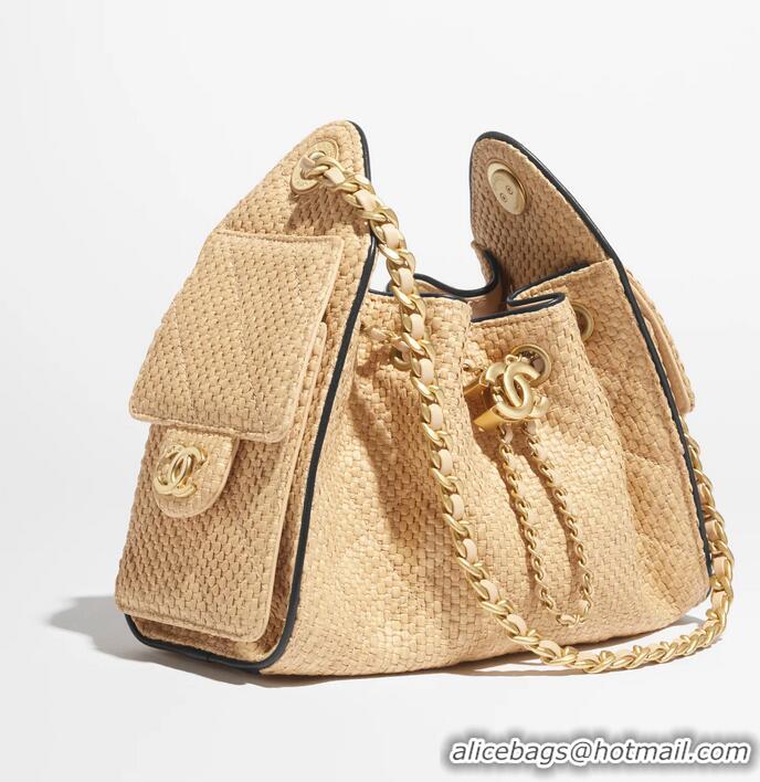 Top Grade Chanel 25 Mini Handbag Braided Raffia With Calfskin AS5631 Beige/Black In Gold Hardware