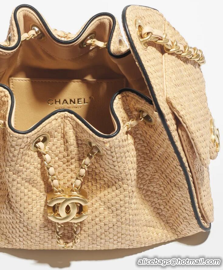 Top Grade Chanel 25 Mini Handbag Braided Raffia With Calfskin AS5631 Beige/Black In Gold Hardware