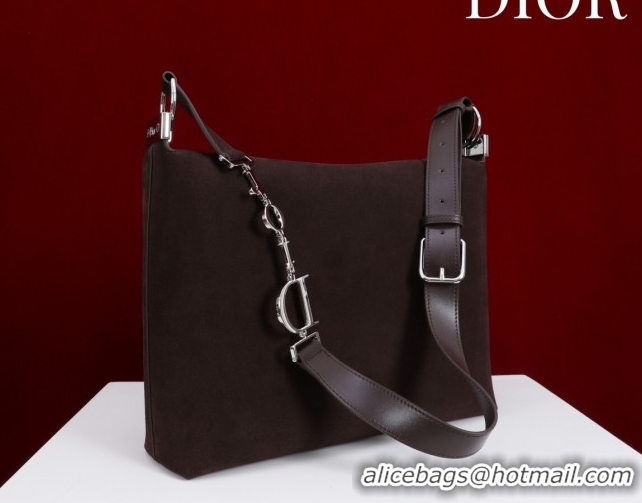 Top Grade Dior Suede Large Shoulder Bag L114144 Dark Brown/Silver 026