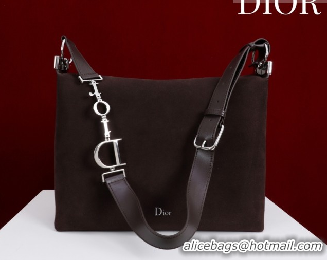 Top Grade Dior Suede Large Shoulder Bag L114144 Dark Brown/Silver 026