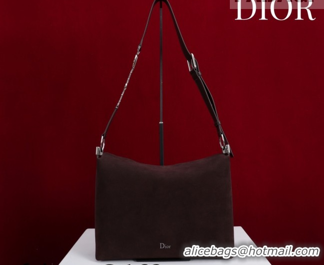 Top Grade Dior Suede Large Shoulder Bag L114144 Dark Brown/Silver 026