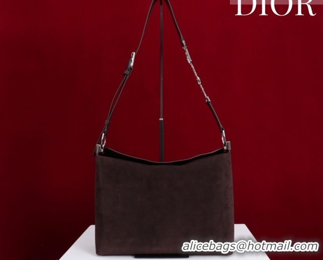 Top Grade Dior Suede Large Shoulder Bag L114144 Dark Brown/Silver 026