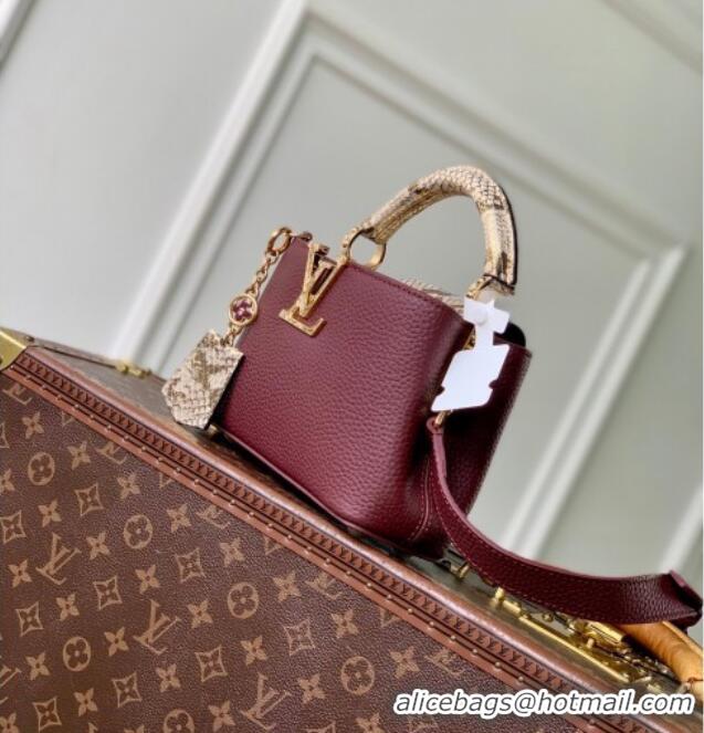 Shop Grade Louis Vuitton Capucines Mini Bag in Taurillon and python-embossed leather N89369 Burgundy 2026