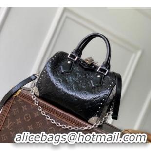 Top Grade Louis Vuitton Speedy Trunk 20 Bag with Studs in Black Grained Shiny Leather M27921 2026