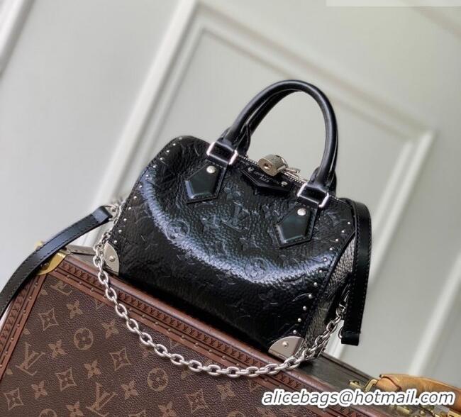 Top Grade Louis Vuitton Speedy Trunk 20 Bag with Studs in Black Grained Shiny Leather M27921 2026