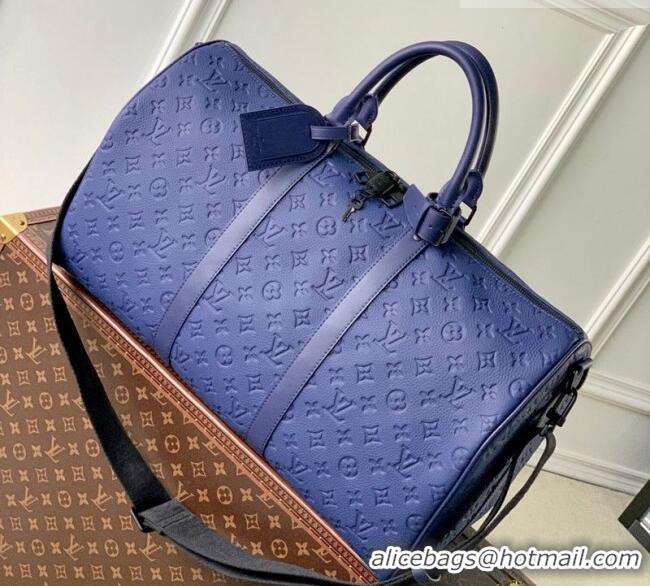 Best Price Louis Vuitton Men's Keepall Bandoulière 50 Travel Bag in Monogram Taurillon Leather M11495 Blue 2026