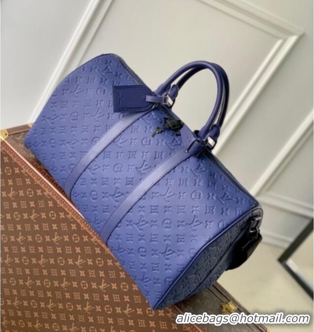 Best Price Louis Vuitton Men's Keepall Bandoulière 50 Travel Bag in Monogram Taurillon Leather M11495 Blue 2026