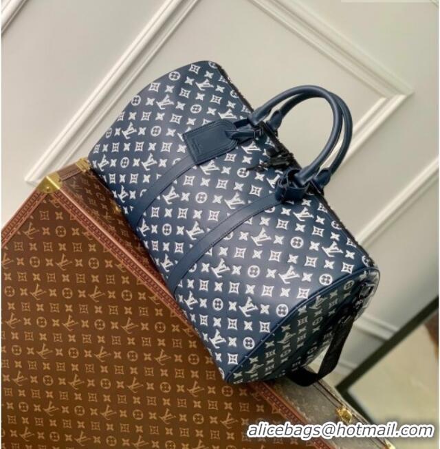 Super Quality Louis Vuitton Men's Keepall Bandoulière 50 Travel Bag in Monogram Shadow Leather M24953 Ink Blue/White 202