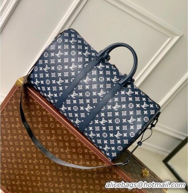 Super Quality Louis Vuitton Men's Keepall Bandoulière 50 Travel Bag in Monogram Shadow Leather M24953 Ink Blue/White 202