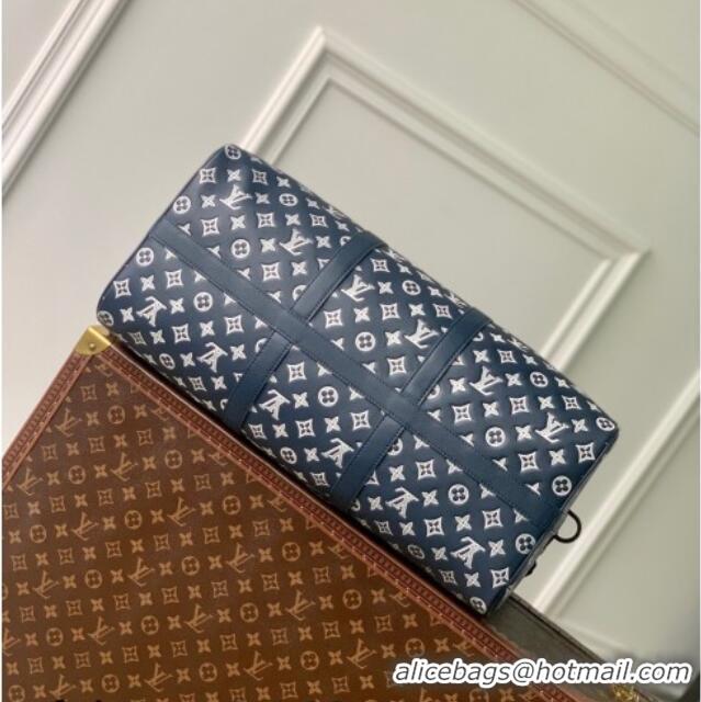Super Quality Louis Vuitton Men's Keepall Bandoulière 50 Travel Bag in Monogram Shadow Leather M24953 Ink Blue/White 202