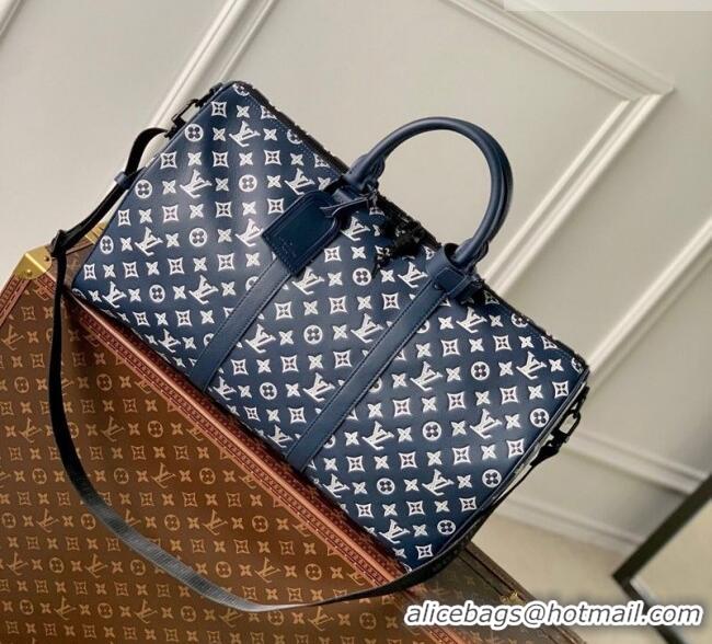Super Quality Louis Vuitton Men's Keepall Bandoulière 50 Travel Bag in Monogram Shadow Leather M24953 Ink Blue/White 202