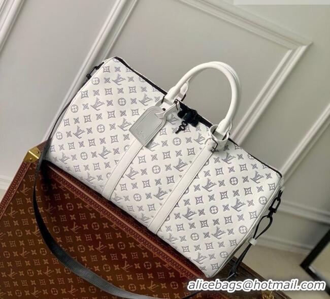 Best Price Louis Vuitton Men's Keepall Bandoulière 50 Travel Bag in Monogram Shadow Leather M24953 White/Blue 2026