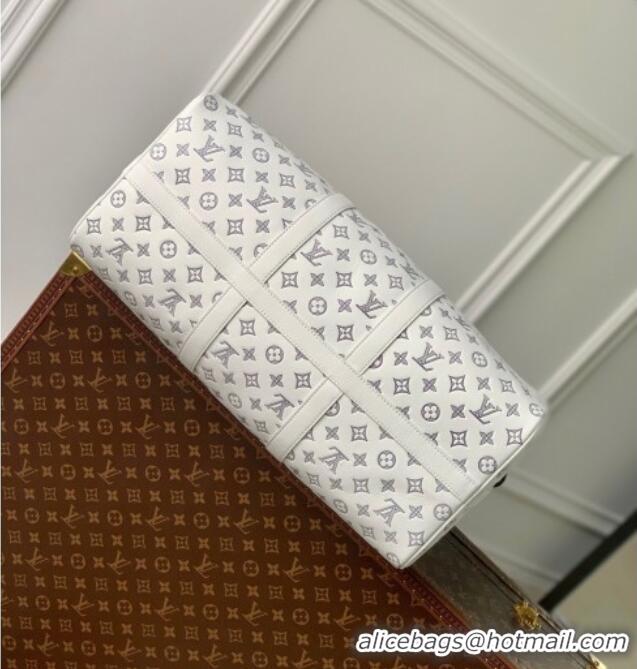 Best Price Louis Vuitton Men's Keepall Bandoulière 50 Travel Bag in Monogram Shadow Leather M24953 White/Blue 2026