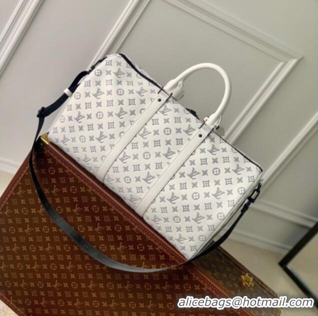 Best Price Louis Vuitton Men's Keepall Bandoulière 50 Travel Bag in Monogram Shadow Leather M24953 White/Blue 2026