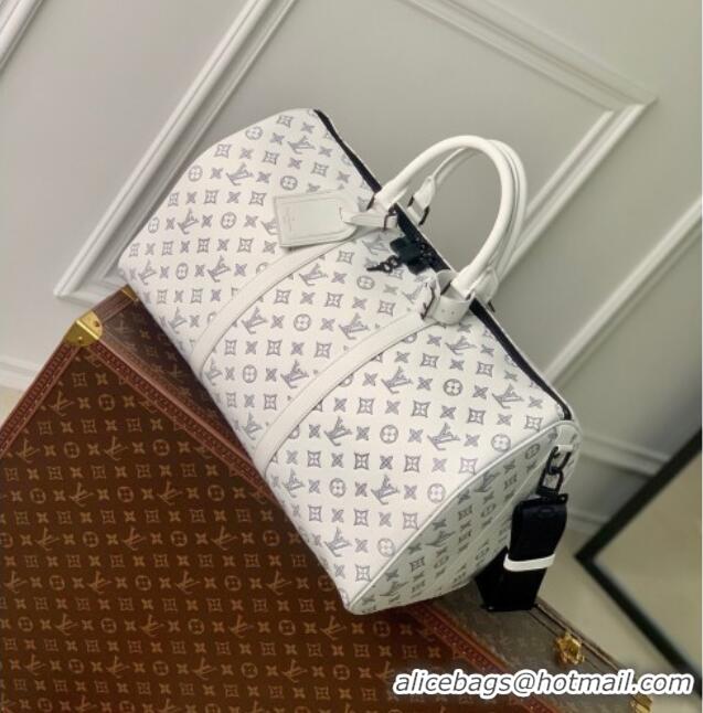 Best Price Louis Vuitton Men's Keepall Bandoulière 50 Travel Bag in Monogram Shadow Leather M24953 White/Blue 2026