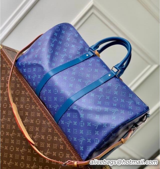 Famous Brand Louis Vuitton Men's Keepall Bandoulière 50 Travel Bag in Monogram Heritage Canvas M26864 Ocean Blue 2026