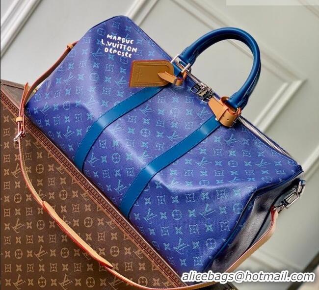 Famous Brand Louis Vuitton Men's Keepall Bandoulière 50 Travel Bag in Monogram Heritage Canvas M26864 Ocean Blue 2026
