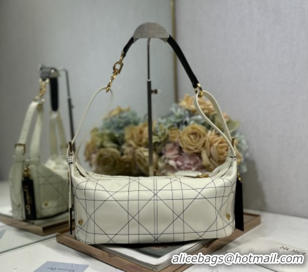 Discount Dior Small D-Journey Bag in Two-Tone Calfskin Leather in White Flat Macrocannage with Contrasting Black Topstit