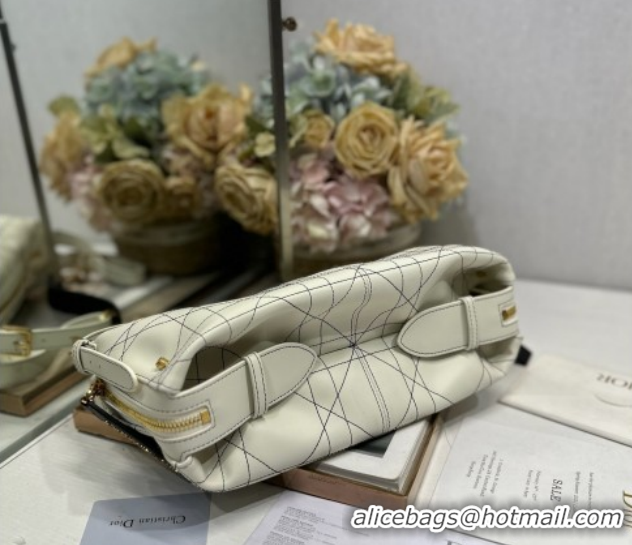 Discount Dior Small D-Journey Bag in Two-Tone Calfskin Leather in White Flat Macrocannage with Contrasting Black Topstit