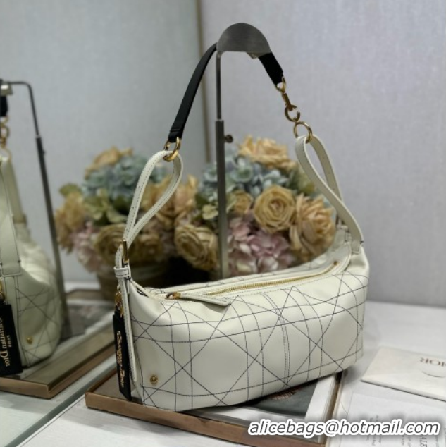 Discount Dior Small D-Journey Bag in Two-Tone Calfskin Leather in White Flat Macrocannage with Contrasting Black Topstit