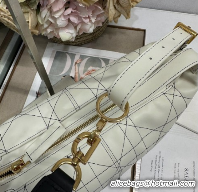 Discount Dior Small D-Journey Bag in Two-Tone Calfskin Leather in White Flat Macrocannage with Contrasting Black Topstit