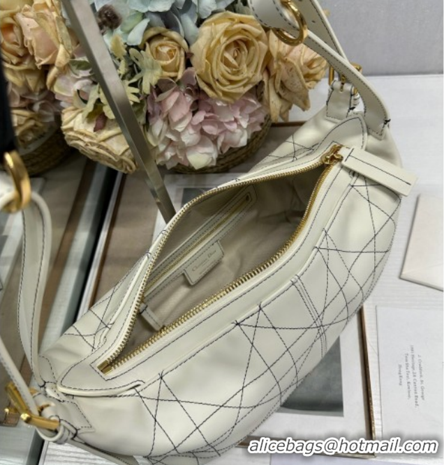 Discount Dior Small D-Journey Bag in Two-Tone Calfskin Leather in White Flat Macrocannage with Contrasting Black Topstit