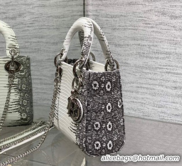 Durable Dior Mini Lady Dior Bag in Lizard Embossed Leather DR012604 White/Black 2026