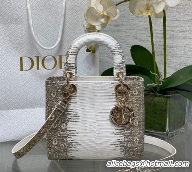 Good Looking Dior Small Lady Dior Bag in Lizard Embossed Leather DR012604 White/Grey 2026