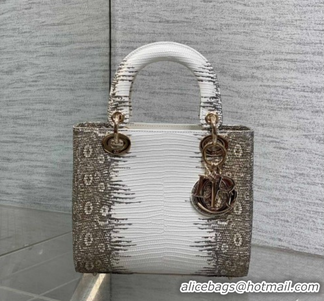 Good Looking Dior Small Lady Dior Bag in Lizard Embossed Leather DR012604 White/Grey 2026