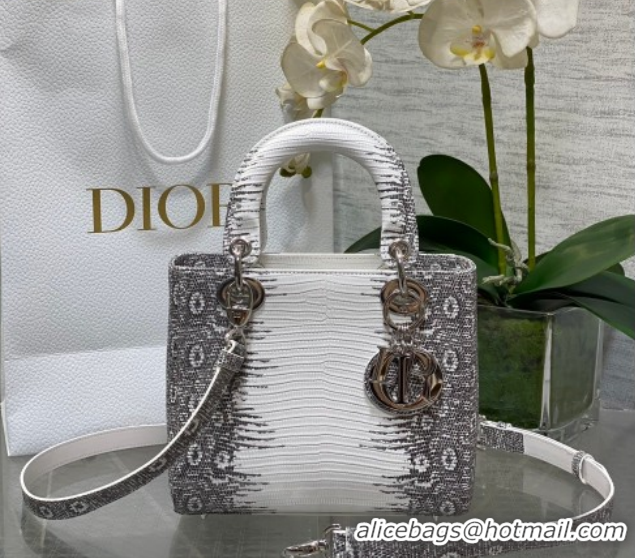 Grade Dior Small Lady Dior Bag in Lizard Embossed Leather DR012604 White/Black 2026