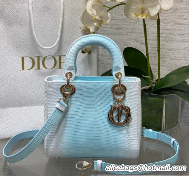 Classic Hot Dior Small Lady Dior Bag in Lizard Embossed Leather DR012604 White/Blue 2026