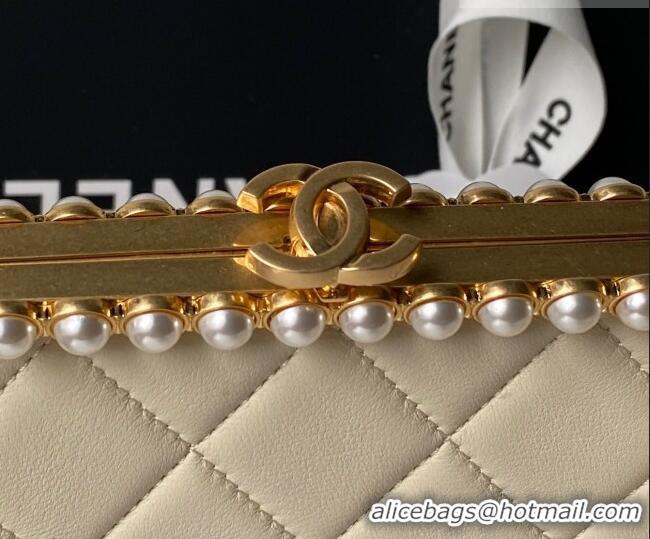 Famous Brand Chanel Lambskin Leather & Pearls Clutch with Chain AS5912 Light Beige 2026