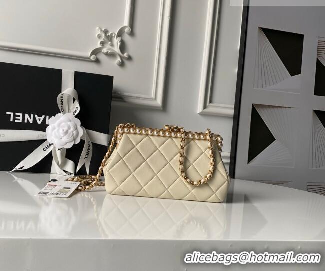 Famous Brand Chanel Lambskin Leather & Pearls Clutch with Chain AS5912 Light Beige 2026