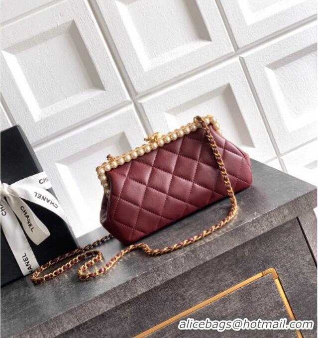 Famous Brand Chanel Lambskin Leather & Pearls Clutch with Chain AS5912 Burgundy 2026
