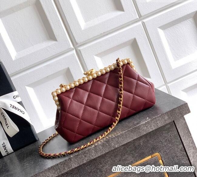 Famous Brand Chanel Lambskin Leather & Pearls Clutch with Chain AS5912 Burgundy 2026