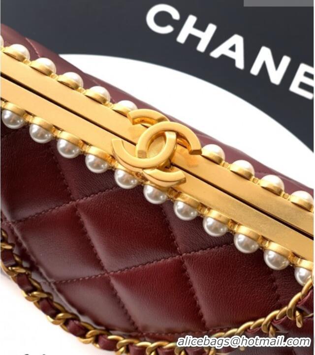 Famous Brand Chanel Lambskin Leather & Pearls Clutch with Chain AS5912 Burgundy 2026