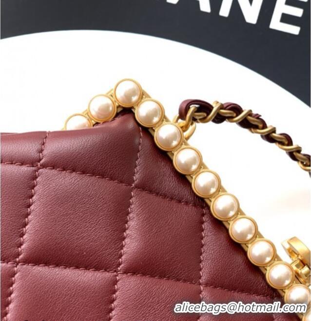 Famous Brand Chanel Lambskin Leather & Pearls Clutch with Chain AS5912 Burgundy 2026